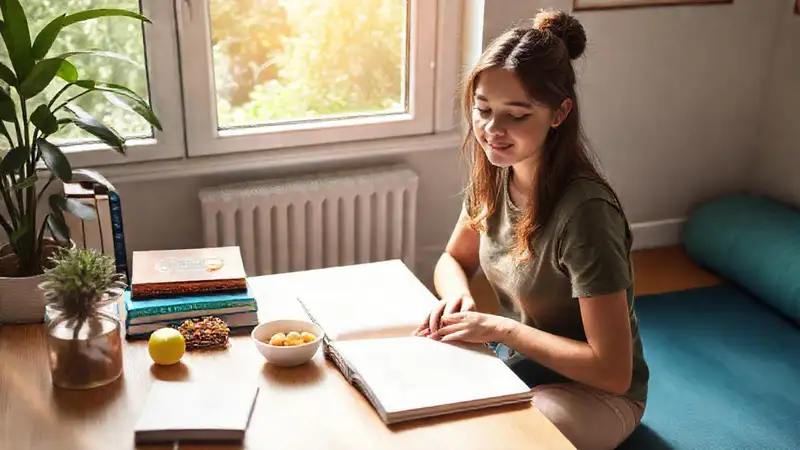 Estudiante estudiando en ambiente tranquilo y saludable