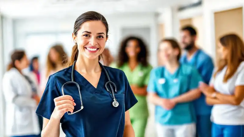 Enfermera segura y sonriente en hospital moderno