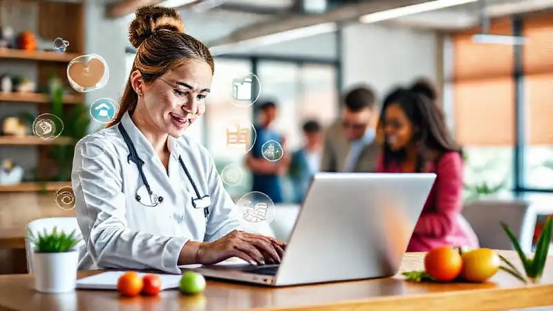 Nutricionista usando tecnología en oficina moderna