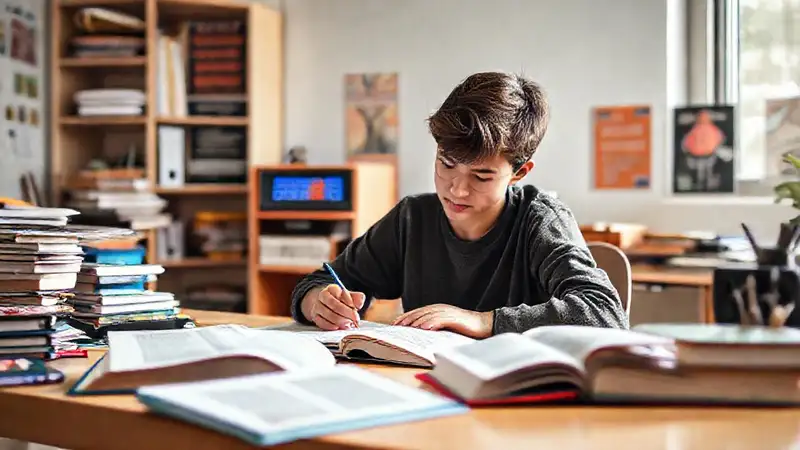 Estudiante estudio en escritorio organizado y brillante
