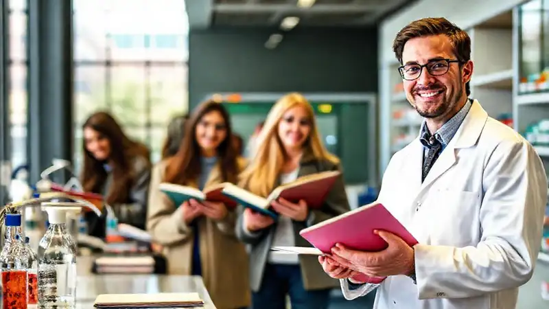 Estudiantes de farmacia en entorno educativo moderno