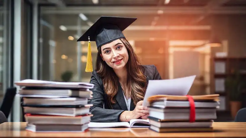 Mujer profesional estudiando con diplomas y libros