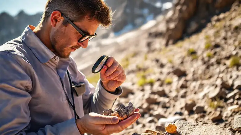 Geólogo inspeccionando rocas en paisaje montañoso