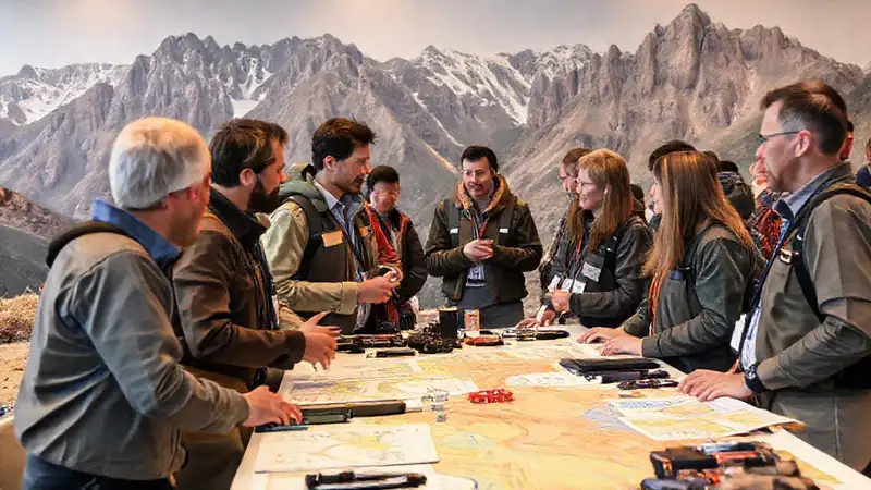 Geólogos conectan en conferencia con mapas y equipo