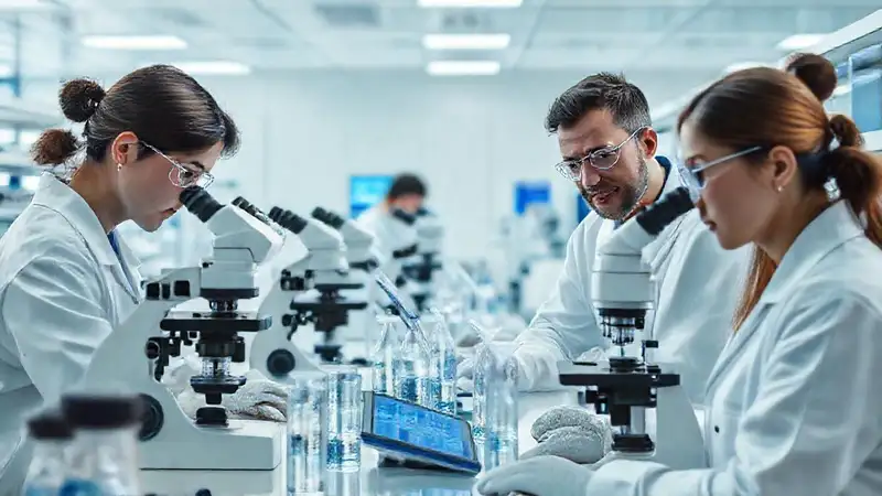 Científicos en laboratorio moderno y limpio