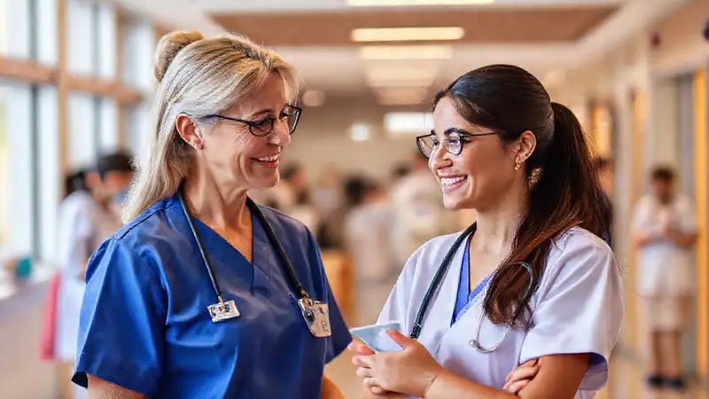 Mentora de enfermería apoya en hospital moderno