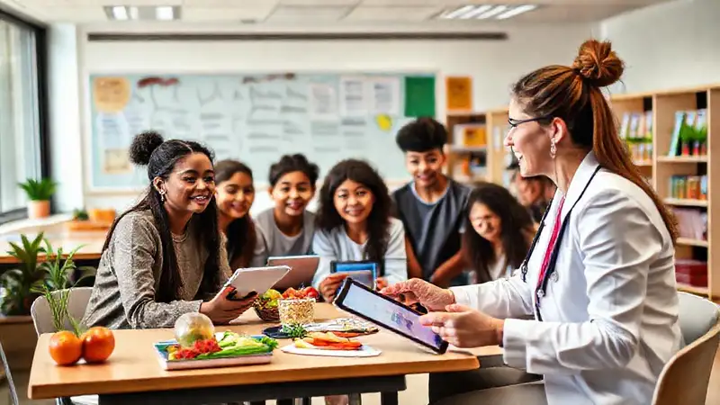 Sesión de nutrición en aula moderna