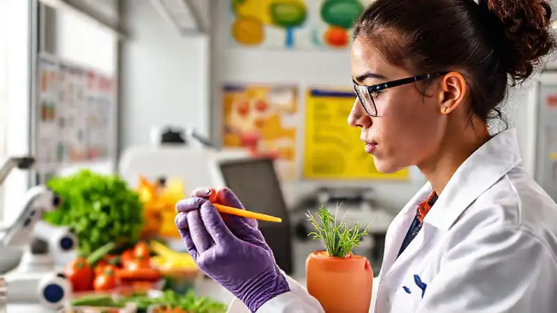 Nutricionista joven analiza alimentos en laboratorio moderno