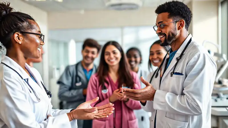 Estudiantes médicos colaborando en hospital moderno