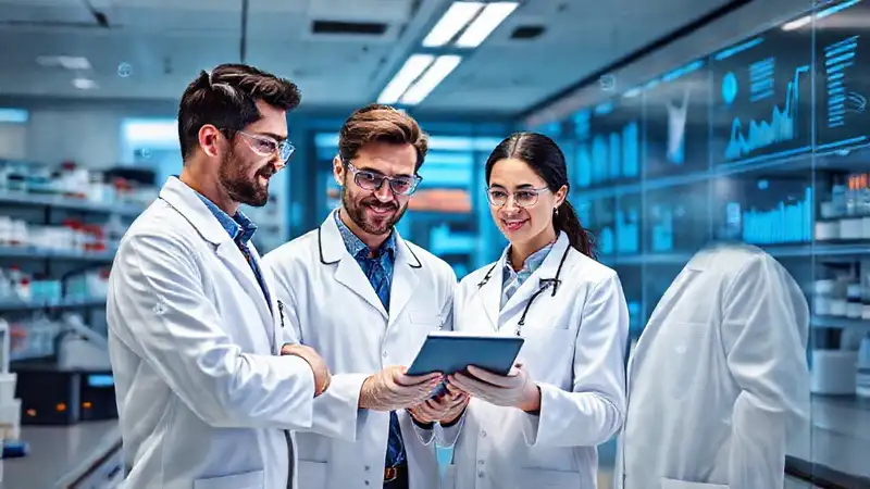 Profesionales farmacéuticos innovando en laboratorio digital