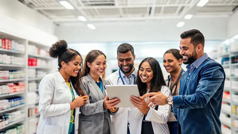 Equipo diverso colabora en farmacia moderna
