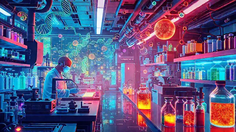 Laboratorio futurista con científicos y ADN