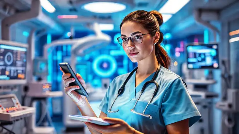 Enfermera moderna usando tecnología futurista