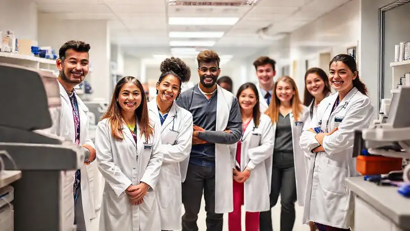 Jóvenes farmacéuticos colaborando en hospital moderno