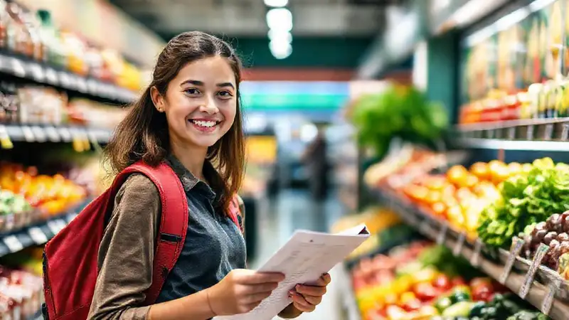 Estudiante comprando frutas en tienda moderna