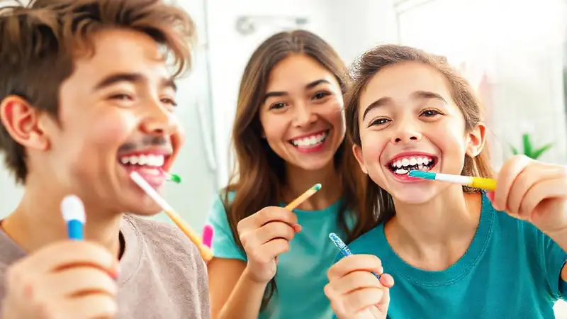 Familia feliz cepillando dientes en casa