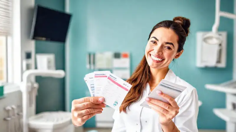 Persona sonriendo revisa seguro dental amistosamente