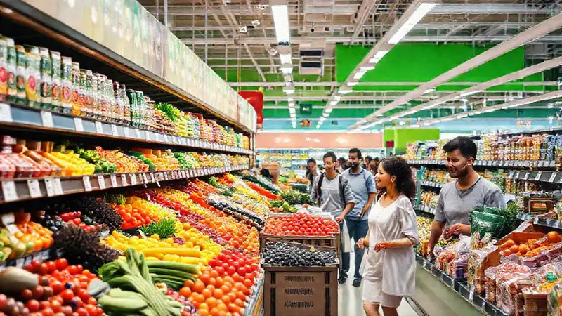 Supermercado vibrante con frutas y clientes felices