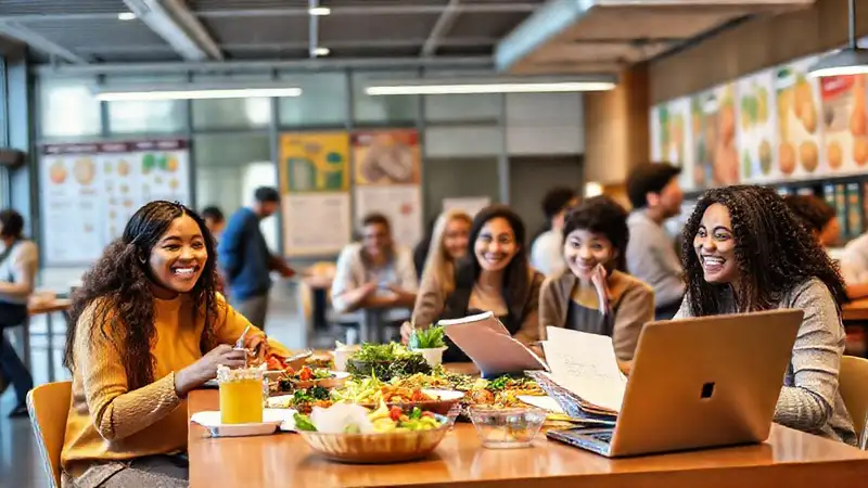 Estudiante universitario disfruta comida saludable y económica