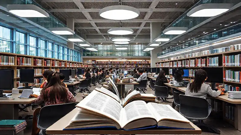 Biblioteca moderna con libros y estudiantes estudiando