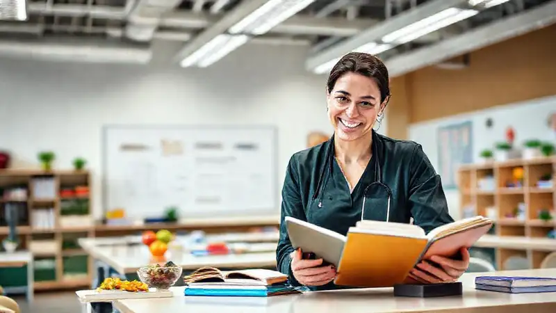 Nutricionista aprende en aula moderna y luminosa