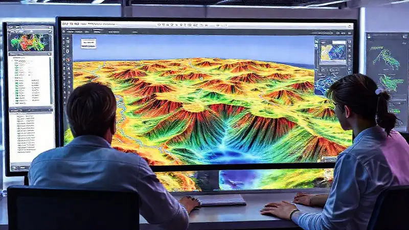 Interfaz de software geológico con mapas 3D