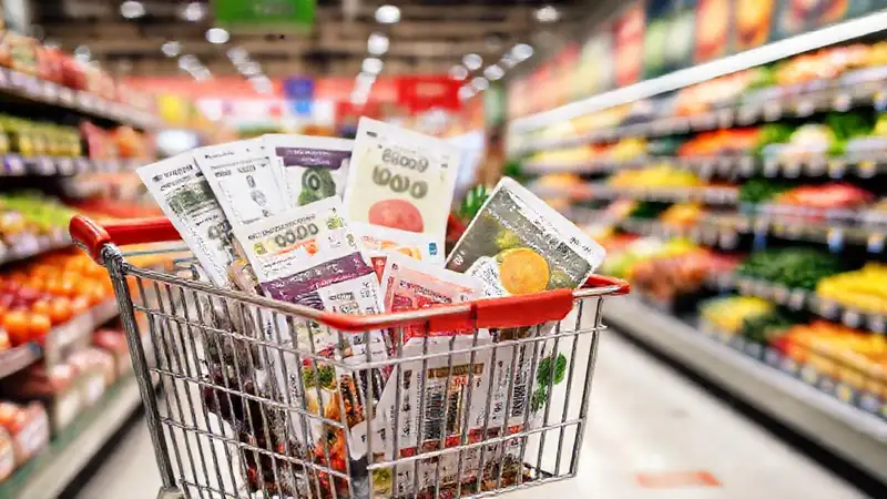 Carrito con cupones, comida saludable y ofertas