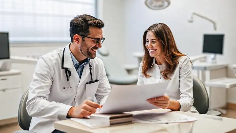 Dentista y paciente discuten plan financiero amigablemente