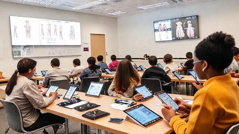 Estudiantes usan tablets en aula moderna y colorida