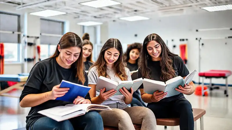 Estudiantes usando libros y equipo de fisioterapia