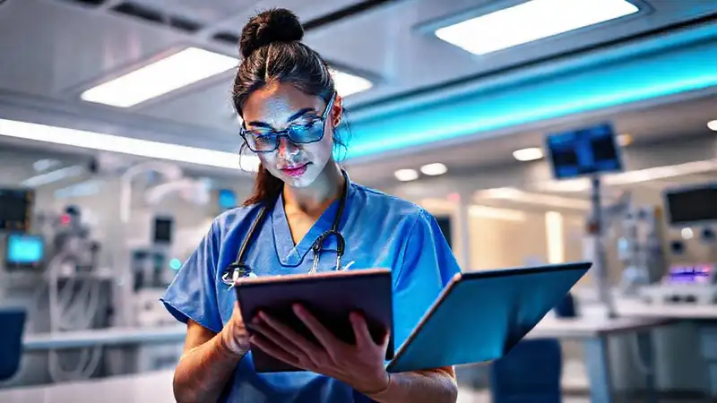 Estudiante de enfermería en aula tecnológica futurista