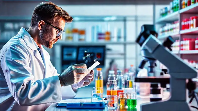 Escena de laboratorio con científicos y reactivos