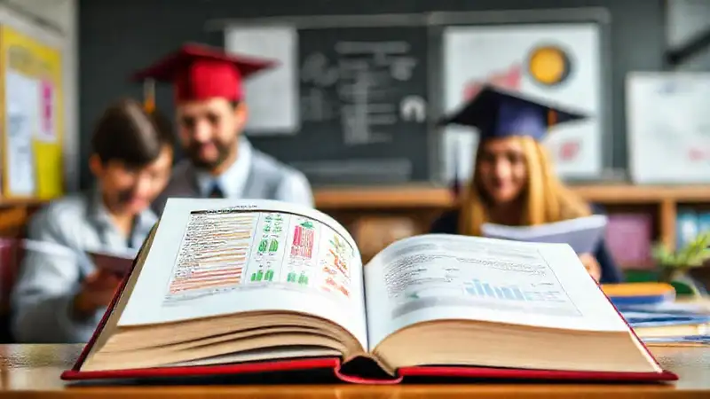 Libro con símbolos, notas, y ambiente educativo
