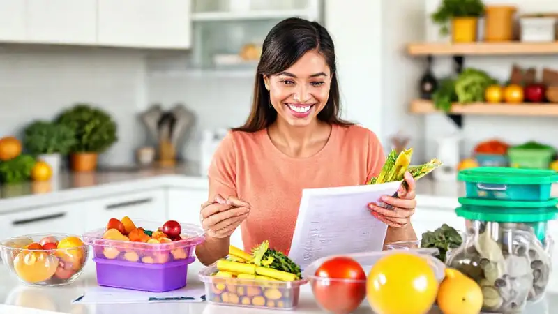 Planificador de comidas saludables con alimentos vibrantes