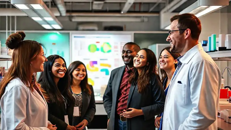 Profesionales colaboran en laboratorio con energía positiva