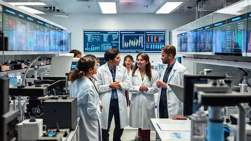 Científicos colaborando en entorno científico moderno
