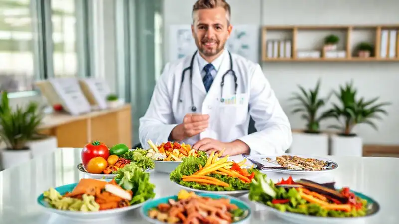 Nutricionista con platos saludables y profesionalismo