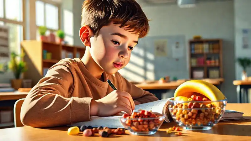 Estudiante estudia con snacks saludables y coloridos