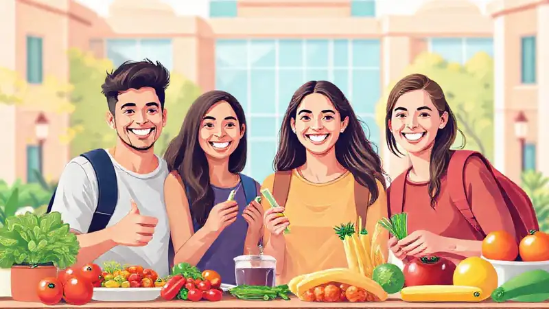 Estudiantes felices con comida saludable en campus