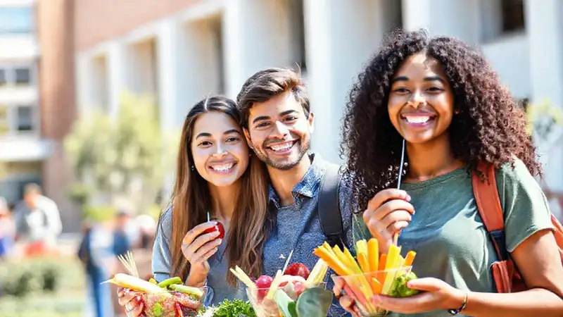Estudiantes felices comiendo frutas saludables