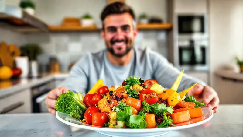 Plato saludable con frutas y verduras variadas