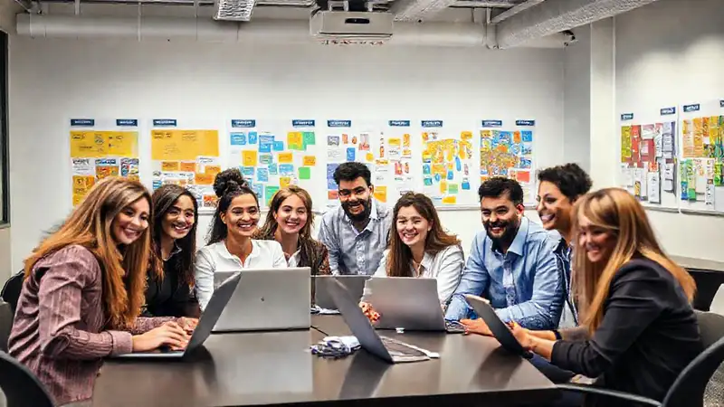 Profesionales interactúan en aula moderna y vibrante