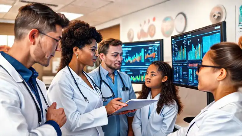 Terapeutas analizan datos en clínica moderna y vibrante