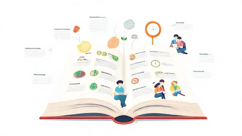 Libro abierto con iconos y estudiantes diversos