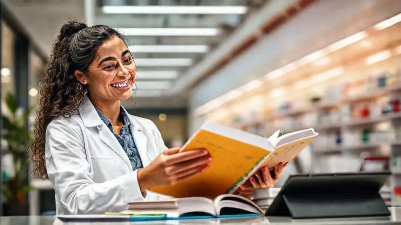 Estudiante de farmacia en un ambiente alegre