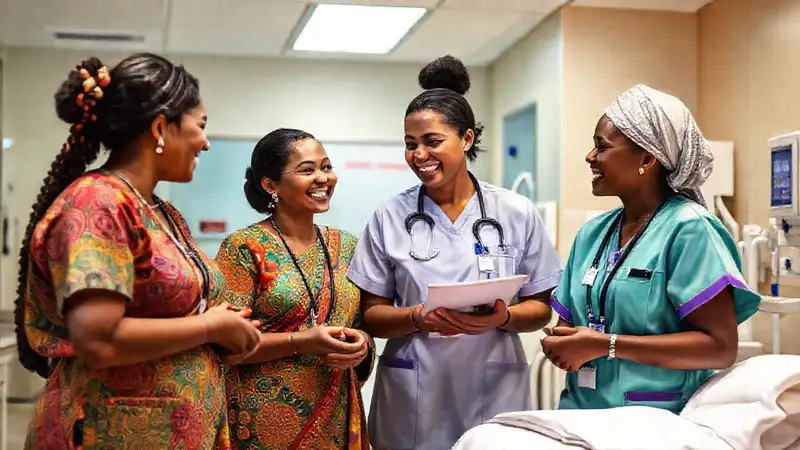 Enfermeras multicultural colaboran con amabilidad y color