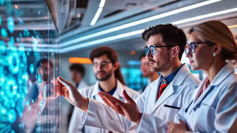 Farmacéutico revisa hologramas en laboratorio futurista