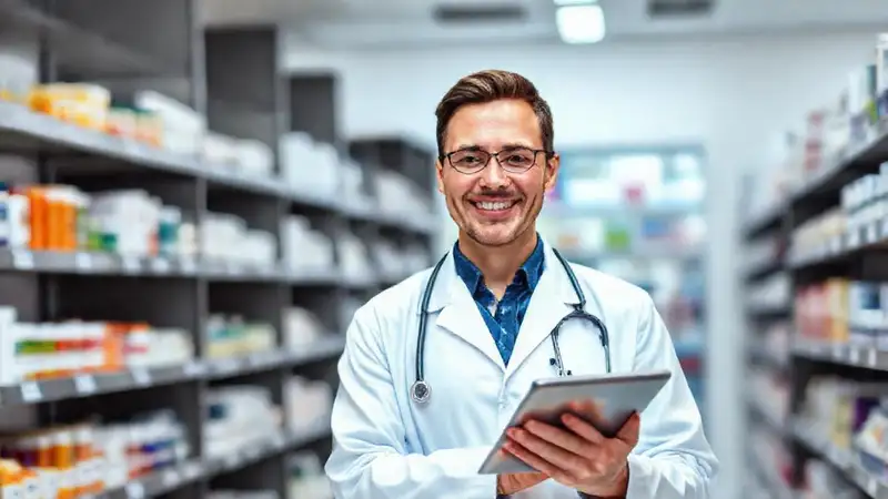 Farmacéutico seguro con tablet en farmacia moderna