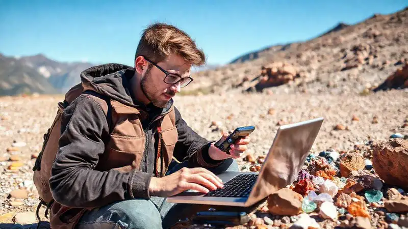Estudiante de geología con tecnología y rocas