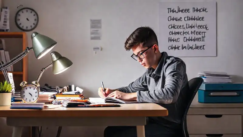 Estudiante concentrado en escritorio desordenado y motivador